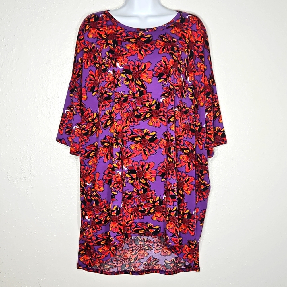 LuLaRoe Irma tunic purple with red floral design short sleeve crew neck Top 3X